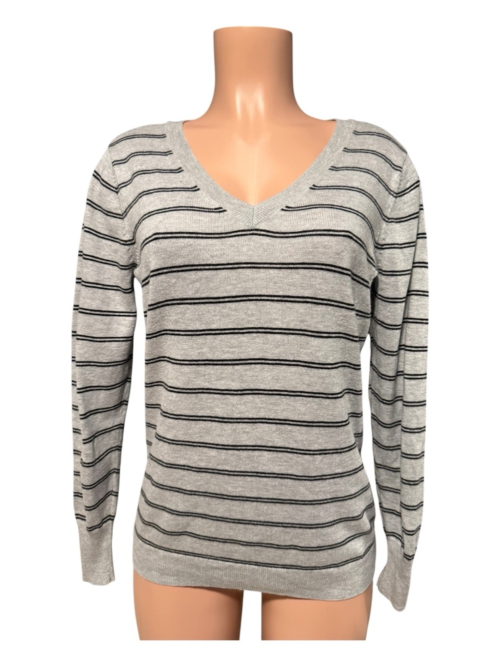 Worthington Gray and Black Striped V-Neck Sweater
